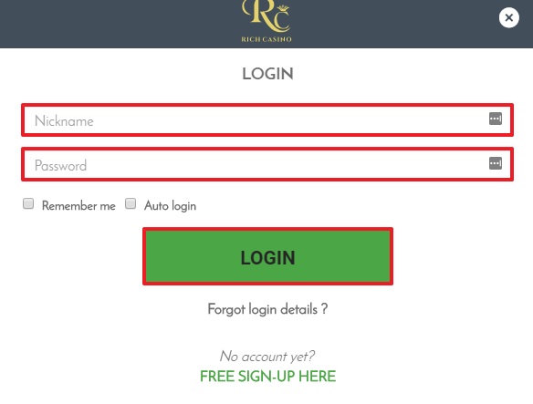 Rich Casino Login and Sign-Up Process